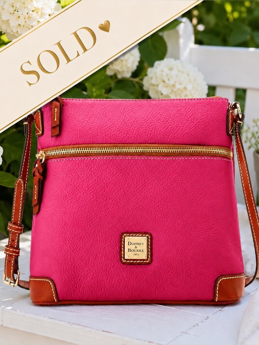 *SOLD* Dooney & Bourke Pebble Grain Letter Carrier Crossbody Raspberry Pink Tan